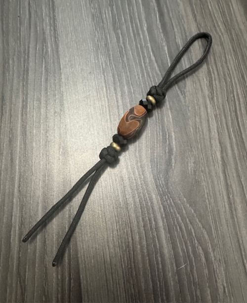 Short Black Knife Nub Lanyard with Black Paracord, Acrylic Camo Bead, Faceted Black Beads, and Brass