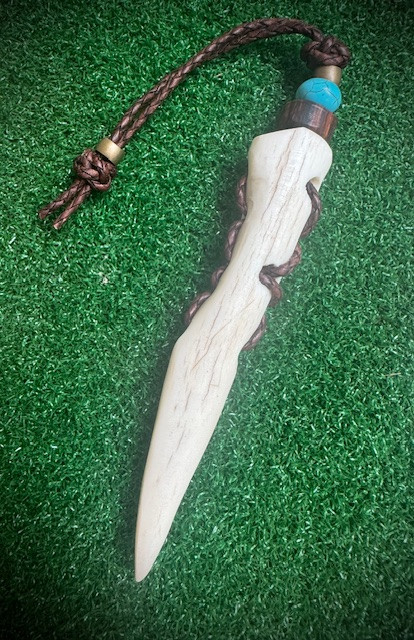 Elk Antler EDC Spike with Shaped Grip, Desert Ironwood, Turquoise, and Brass Beads