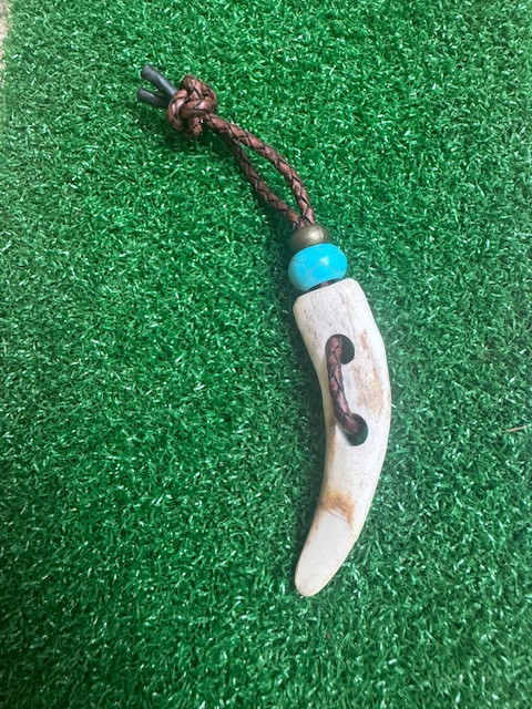 Divot Dangler - Elk Antler Divot Tool with Leather, Turquoise, and Brass Loop Lanyard
