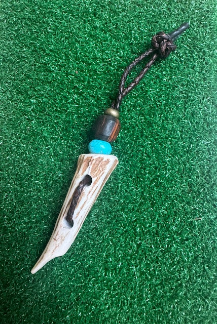 Divot Dangler - Elk Antler Divot Tool with Ironwood, Turquoise, and Brass Bead on Brown Leather Loop Lanyard