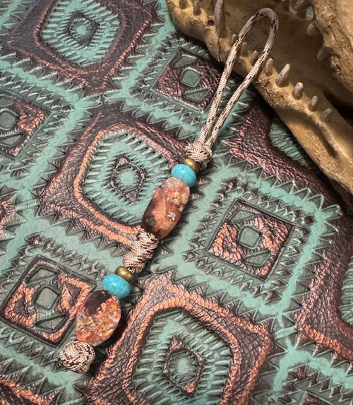 Copper, Silver, Gold Flake Wood Resin Bead and Turquoise Bead Knife Lanyard on Desert Camo Paracord