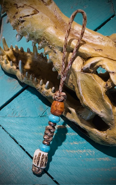 Copper Camo Paracord Knife Lanyard with Amobyna Burl Wood, Turquoise, Copper Spacers and Barky Elk Antler Bead