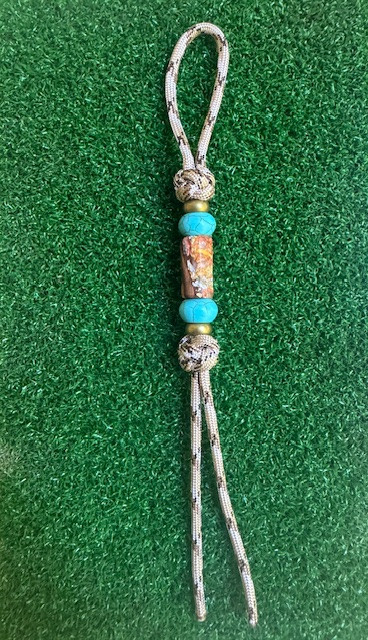 Wood and Copper, Silver, and Gold Flake Resin Bead Shorty Knife Nub with Turquoise and Brass Accents on Desert Camo Paracord