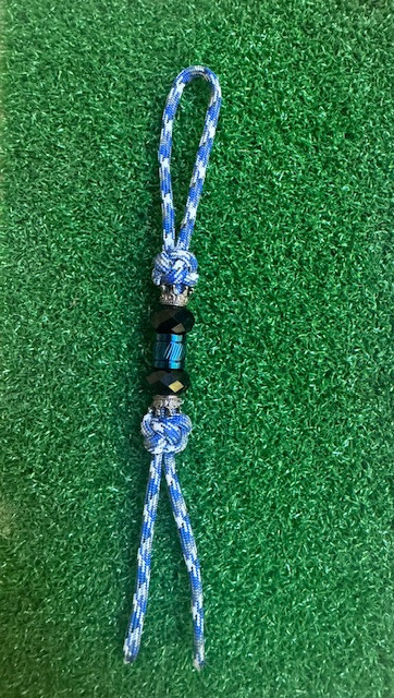 Royal Blue Camo Paracord Shorty Knife Nub Lanyard with Crowns, Faceted Black Beads, and Blue Metal Spacer