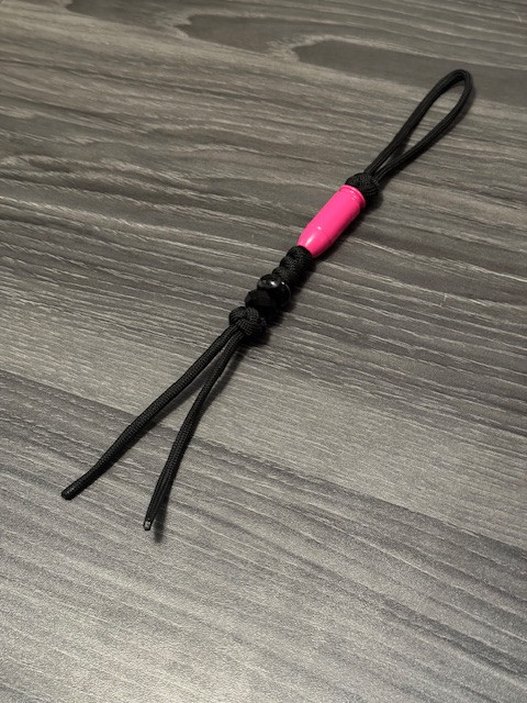 Pink Metal Bullet Black Paracord Knife Lanyard with Faceted and Smooth Black Accent Beads