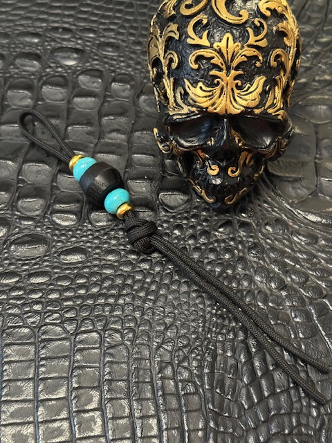 DIY Knife Lanyard Kit - Black Paracord with Handmade Ancient Bog Bead, Turquoise and Polished Brass Spacers
