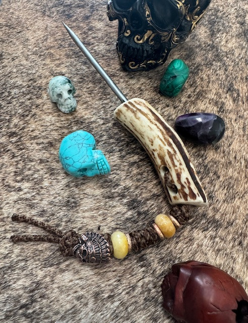 Handmade Gnarly Bark Collection Deer Antler Handle Spike with Yellow Jade and Copper Skull Chief EDC Bead Lanyard
