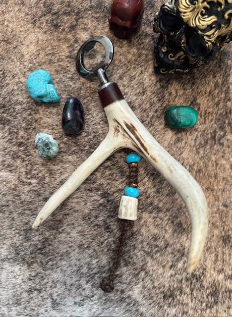 Handmade Deer Antler and Koa Wood Handle Gnarly Bottle Opener with Turquoise, Brass, and Antler Bead Lanyard