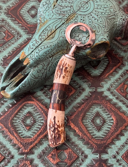 Handmade Deer Antler Bottle Opener with Ironwood and Gold Web Tru-Stone Split