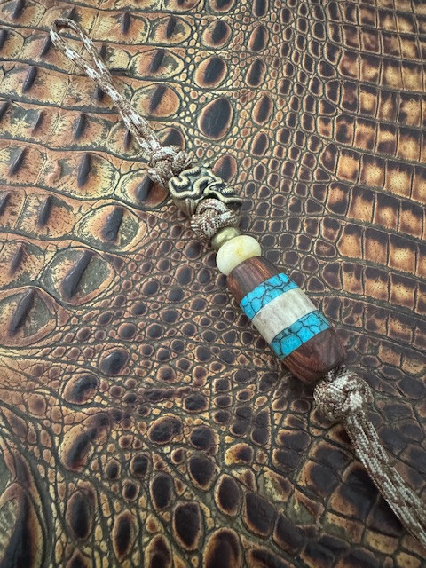 Ironwood, Turquoise, and Elk Antler Split Bead Knife Lanyard with Brass Snake Skull EDC Bead and Yellow Jade Spacer
