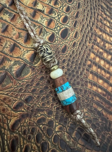 Ironwood and turquoise knife lanyard with brass snake skull EDC bead