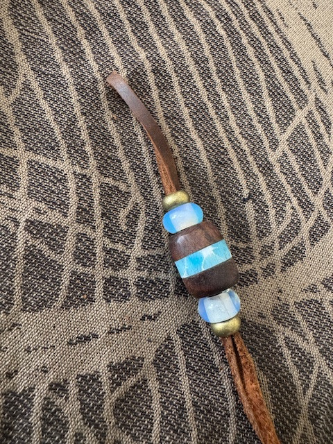 DIY Knife Lanyard Kit - Brown Leather Cordage with Walnut/Larimar Tru-Stone Split Bead, Opal Accents, and Brass Spacer Beads