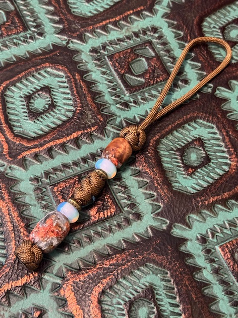 Stabilized Maple Burl & Gold, Silver, Copper Alumilite Flake Bead Knife Lanyard on Coyote Brown Paracord with Opalite and Brass Accents