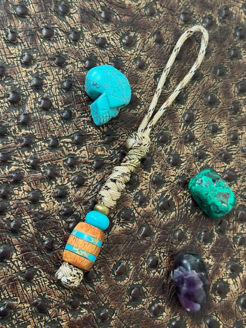 Gold Web Turquoise Tru-Stone and Koa Wood Split Bead Knife Lanyard with Brass Wrapped Feather Bead on Desert Camo Paracord