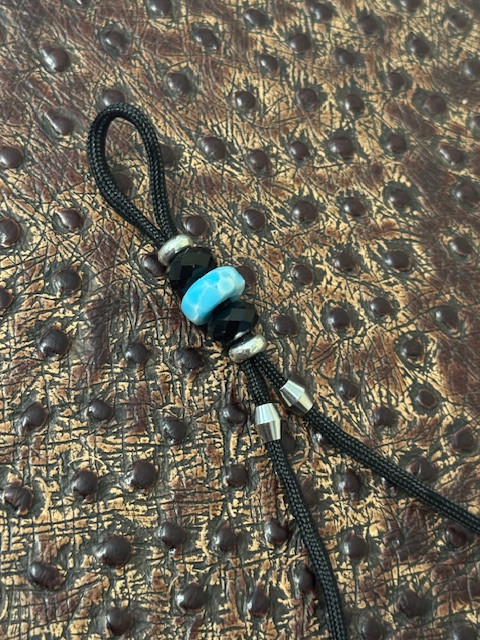 DIY Knife Lanyard Kit - Black Paracord with Handmade Larimar Tru-Stone Bead Accented by Faceted Black Beads and Silver Spacers
