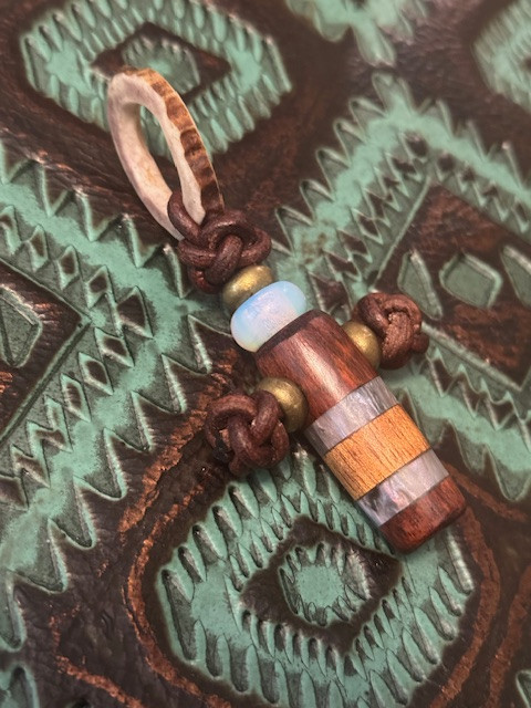 Handmade Snakewood, Abalone Resin, and Koa Wood Cross Pendant with Antler Passthrough Ring