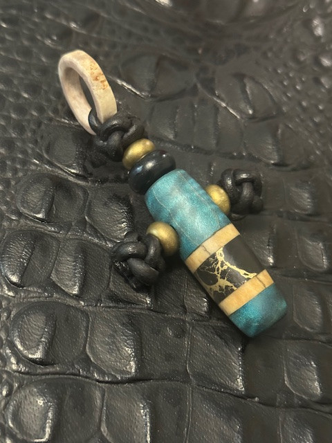 Dyed Curly Maple, Vintage Deer Antler, and Gold Web Tru-Stone Cross Pendant with Antler Passthrough Ring