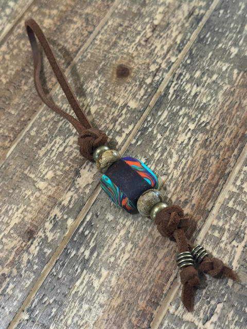 Stabilized Burl and Hypnotic Swirl Split Bead Leather Knife Nub with Jasper and Brass Accents