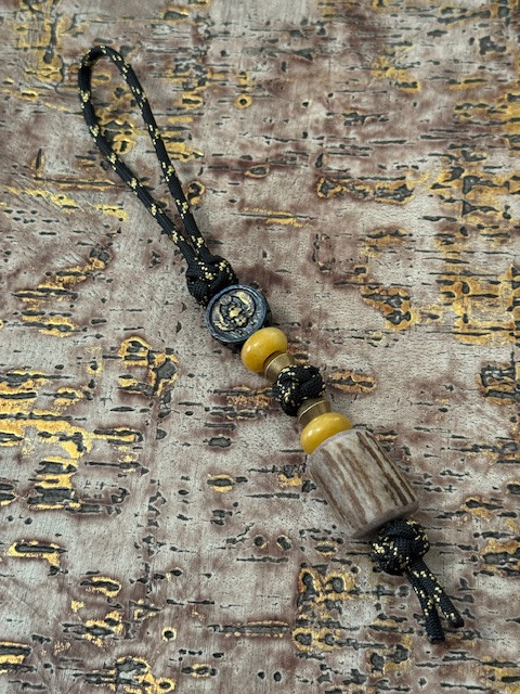 Large Handmade Deer Antler Bead Knife Lanyard on Black/Gold Paracord with Yellow Jade, Brass Accents, and Double Sided Medallion Bead