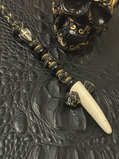 Black and Gold Paracord Knife Lanyard with Brass Shield Cross, Onyx/Brass Accent Spacers, and Polished Elk Tine