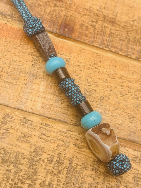 Gnarly Bark Collection Cross Cut Deer Antler Medallion Knife Lanyard with Black Metal Cross Shield, Black Stainless Column Spacers, and Turquoise