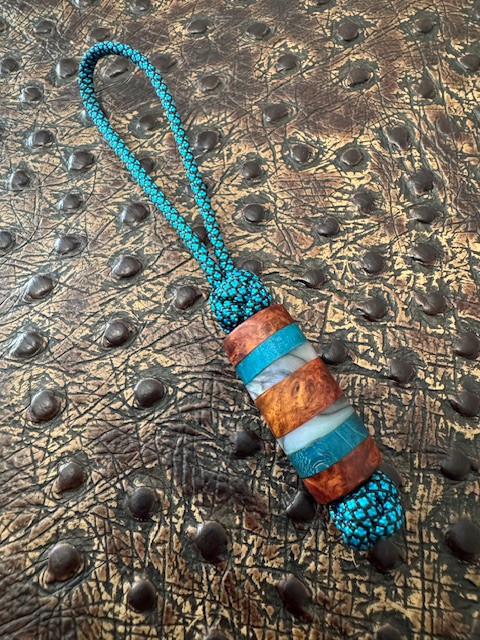 7-Layer Handmade Amboyna Burl, Dyed Curly Maple, and Mother of Pearl Resin Knife Lanyard Bead