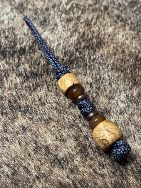 Spalted Tamarind, Red Sardonyx, and Copper Bead Knife Lanyard on Turquoise Chocolate Diamond Pattern Paracord