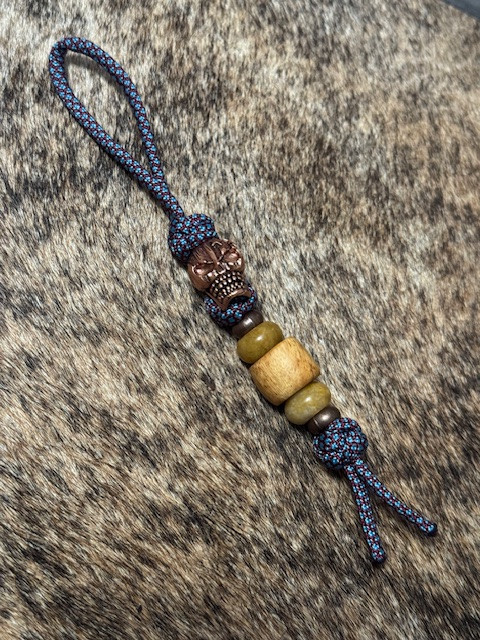 Copper American Flag Skull Bead Knife Lanyard with Spalted Tamarind Wood Bead on Turquoise/Chocolate Diamond Paracord