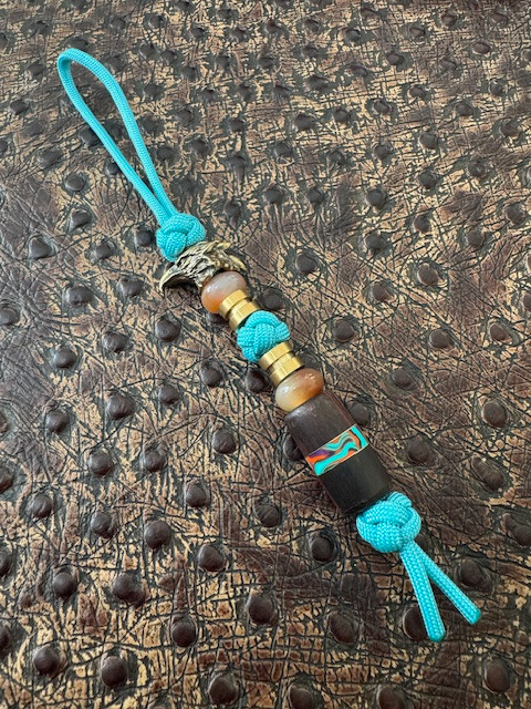 Turquoise Paracord Knife Lanyard with Brass Eagle Head and Red Sardonyx Accents with Handmade Ironwood and Resin Split Bead