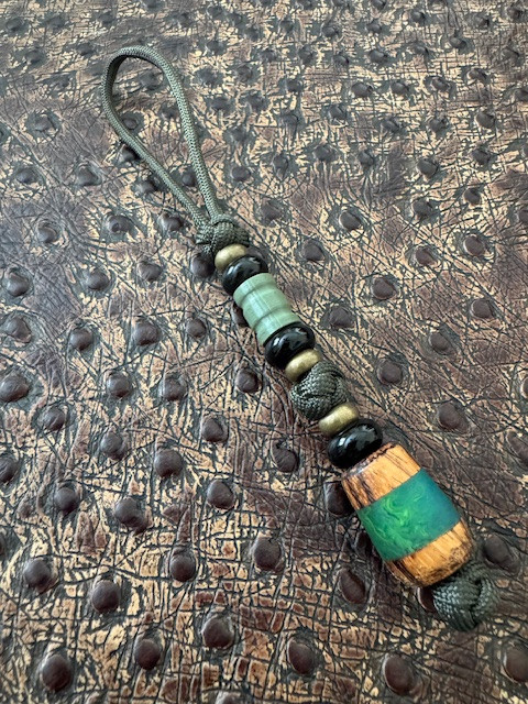 OD Green Paracord Knife Lanyard with Zebrawood and Glow Resin Bead Accented by Onyx and Brass