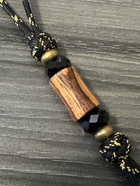 Pull Tab Zebrawood Knife Nub with Brass Spacers & Faceted Black Accents Beads on Black/Gold Paracord