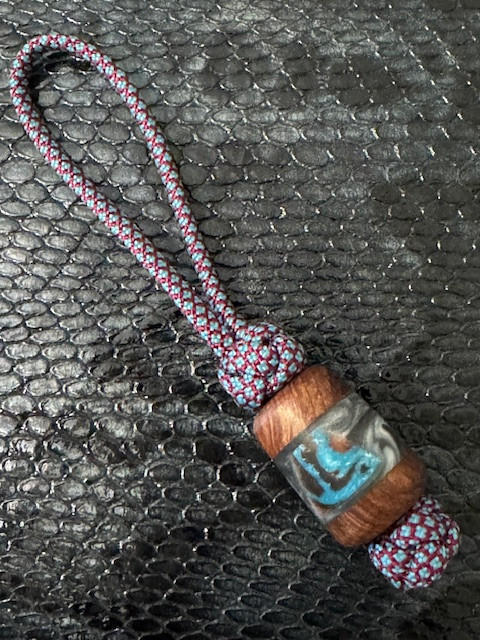 Stabilized Redwood and Multi-Color Blue/Gray/Black/Red Swirl Resin EDC Bead