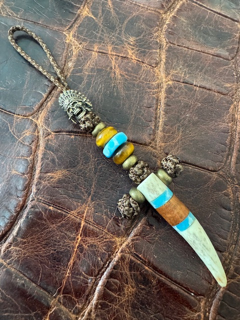 Handmade Koa Wood and Larimar Tru-Stone Split Elk Tine Cross Knife Lanyard with Brass Skull Chief and Tiger's Eye Accents