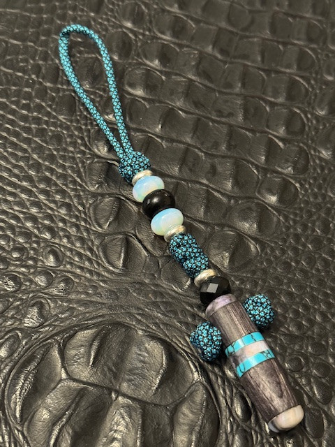 Custom Gray Wood, Mother of Pearl, and Turquoise Tru-Stone Cross Medallion Knife Lanyard