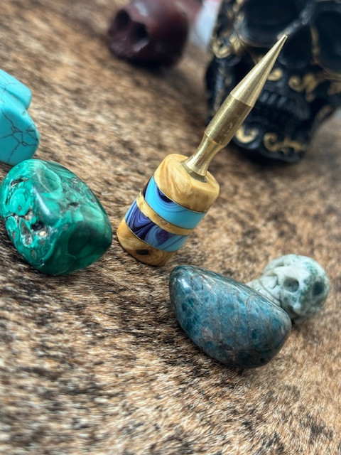 Brass EDC Spike and Knot De-Tangler with Buckeye Burl and Blue Swirl Resin