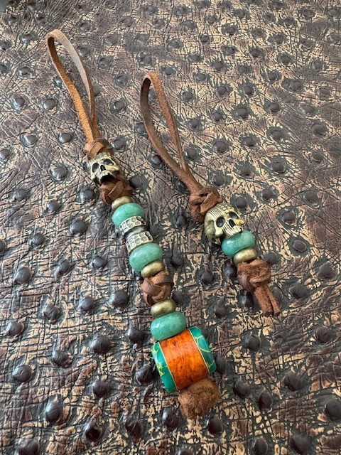 2-Pack of Custom Leather Knife Lanyards with American Flag Route 66 Brass Skulls