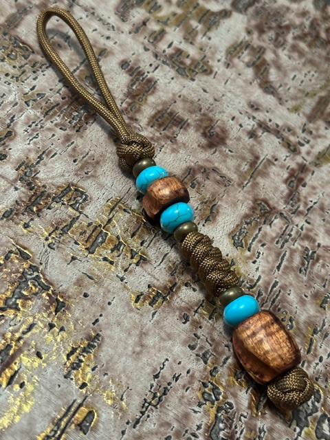 Grooved Highly Figured Koa Wood Bead Lanyard with Turquoise & Brass Accents