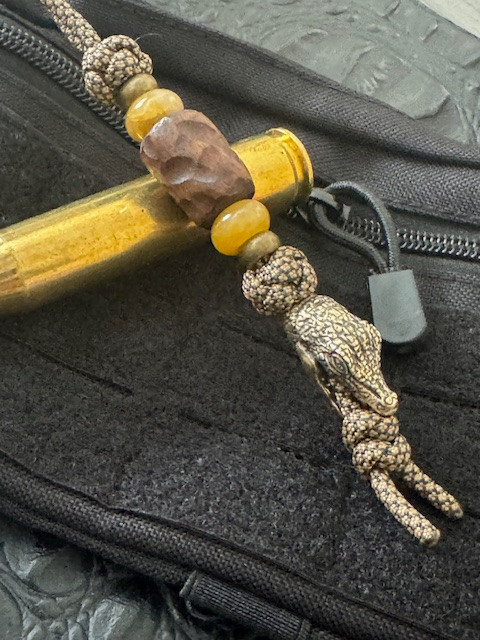 Brass Alligator and Figured Walnut Bead Lanyard with Deep Yellow Jade and Brass Spacers