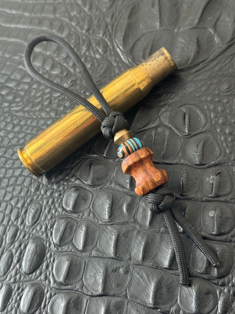 Handshaped Zebrawood Spindle Bead with Malachite and Brass on Black Paracord