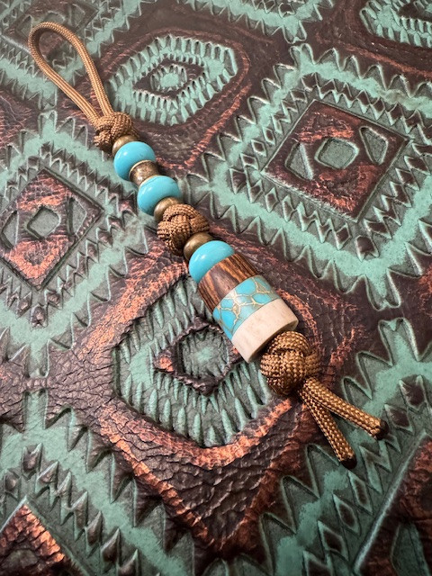 Bocote Wood, Gold Web Turquoise, and Elk Antler Neapolitan Bead Lanyard
