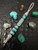 Premium Collection Silver Carbon Fiber & Gold Web Turquoise Tru-Stone Knife Lanyard with Gray and Turquoise Cobra Wrap Accented by Turquoise and Brass