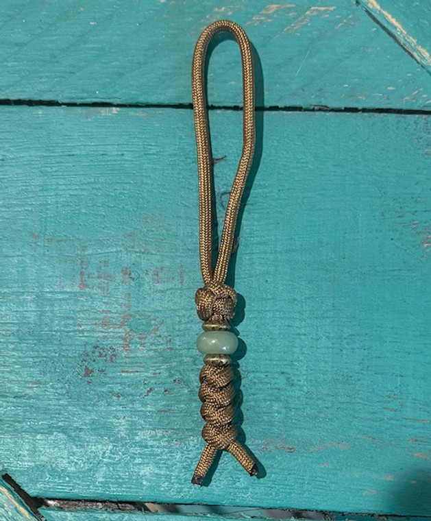 Coyote Brown Paracord Small Knife Lanyard with Brass Finished Spacer Beads and Aventurine Bead