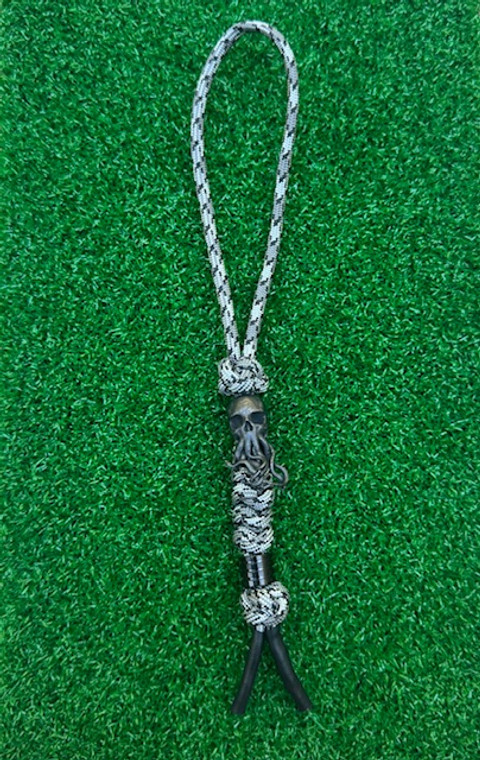 Black and Gray Paracord Knife Lanyard with Black Octopus Skull Bead