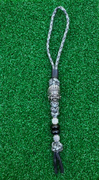 Black and Gray Paracord Knife Lanyard with Native Skull Head Bead and Accent Beads