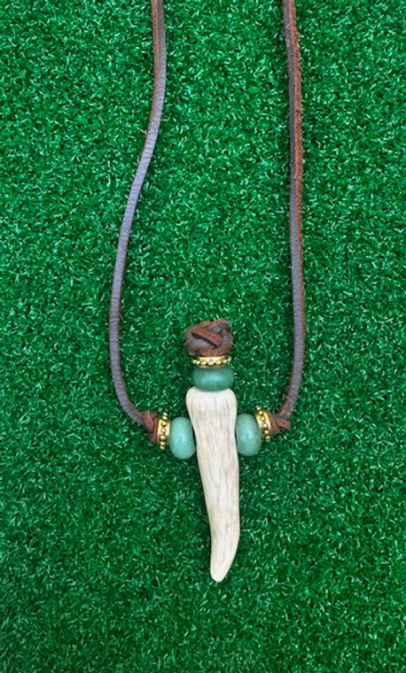 Polished Elk Antler Cross Pendant with Gold and Turquoise Finished Accent Beads on Dark Brown Lace Leather