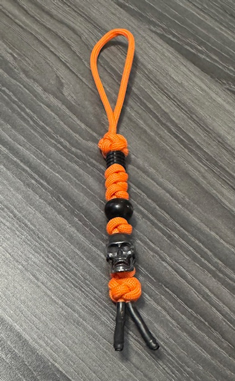 Orange Paracord Knife Lanyard with Black Skull Bead and Spacer Beads