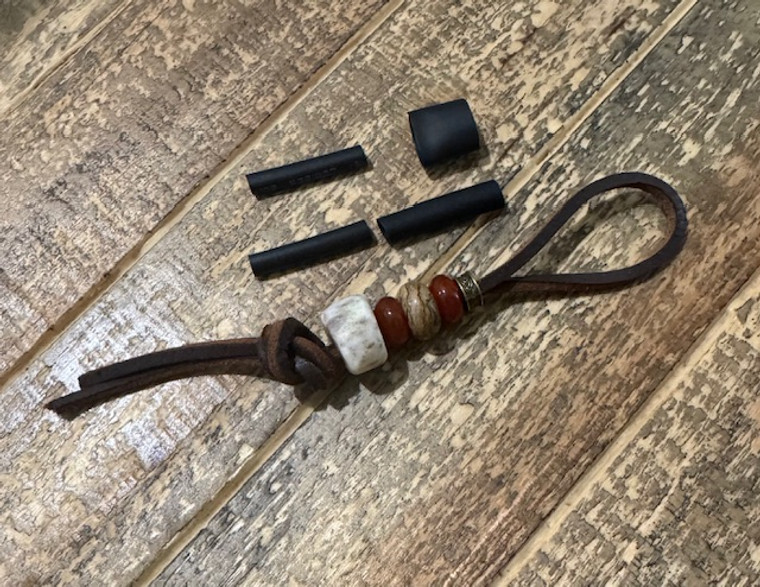 DIY Knife Lanyard Kit - Brown Lace Leather with Red-Carnelian, Brass, Jasper, and Polished Elk Antler Beads