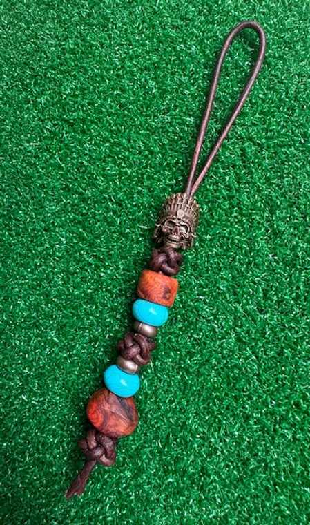 Copper Skull Chief Knife Lanyard with Red Burl Wood, Turquoise and Copper Spacers on Brown Leather