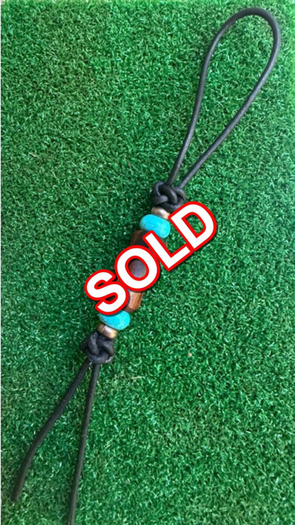 Shorty Knife Nub with Desert Ironwood Spindle Bead, Turquoise and Copper Beads on Black Leather Cordage