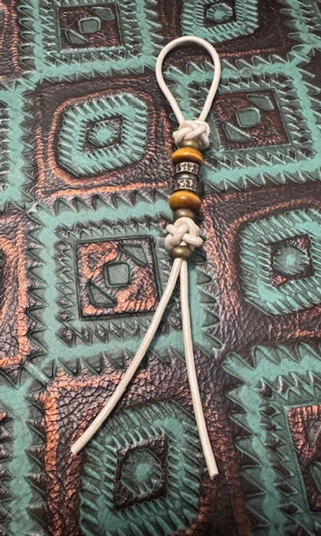 Weathered White Leather Shorty Knife Nub with Tiger's Eye and Brass Finished Beads
